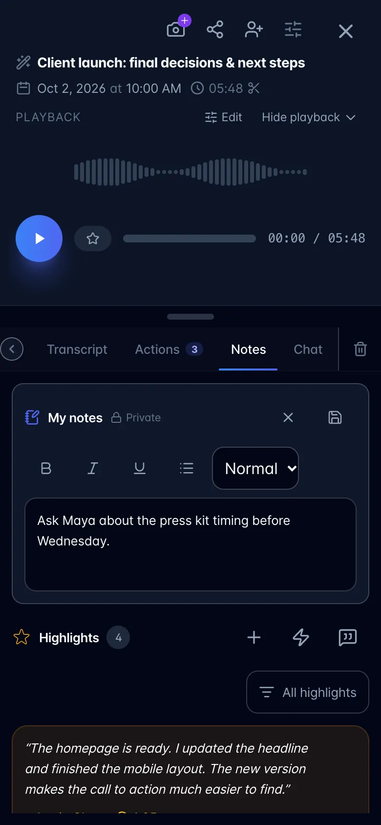 Recording on a phone with the Notes tab selected and the My notes editor open: formatting buttons and a typed private note, above the Highlights list