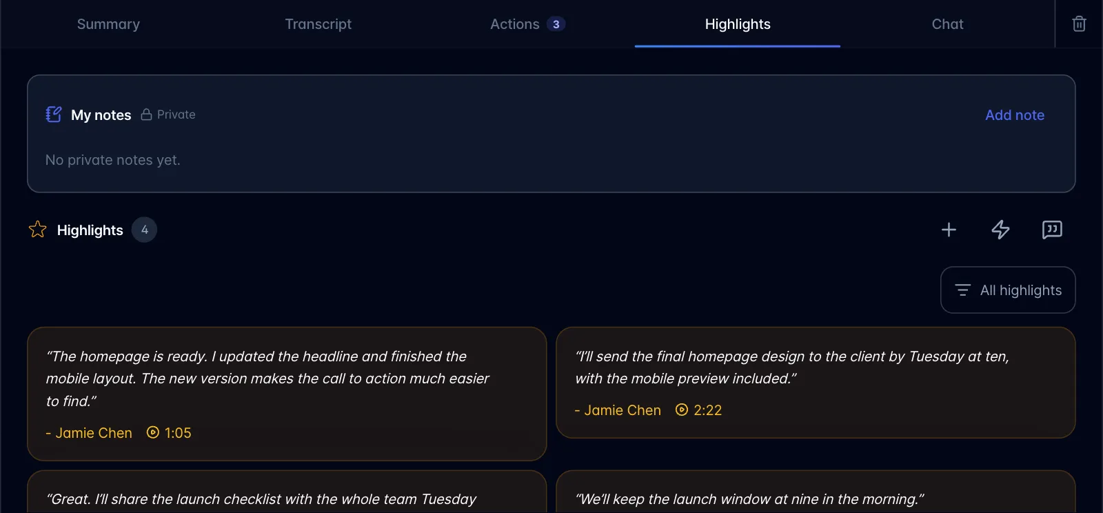 Highlights tab showing My notes (Private) with Add note, the Highlights count with add, lightning and quote icon buttons, an All highlights filter, and quote cards with speaker and timestamp