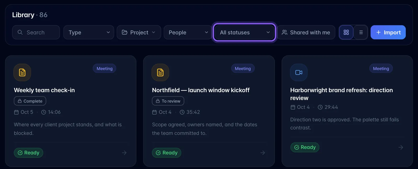 Library toolbar with the All statuses filter highlighted next to Type, Project and People, above recording cards showing Complete and To review status labels