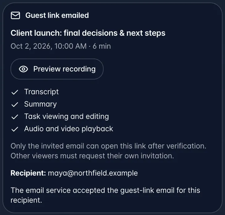 The same card after approval, titled Guest link emailed, showing the recipient and that the email service accepted the email