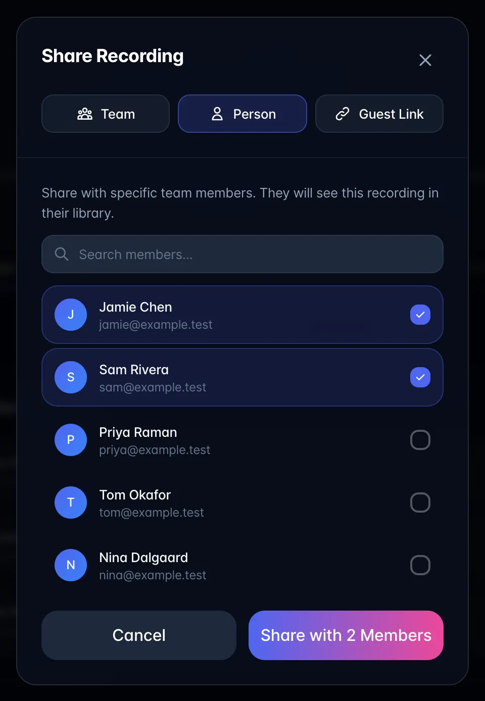 Share Recording dialog on the Person tab with a member search box, Jamie Chen and Sam Rivera ticked, and a Share with 2 Members button