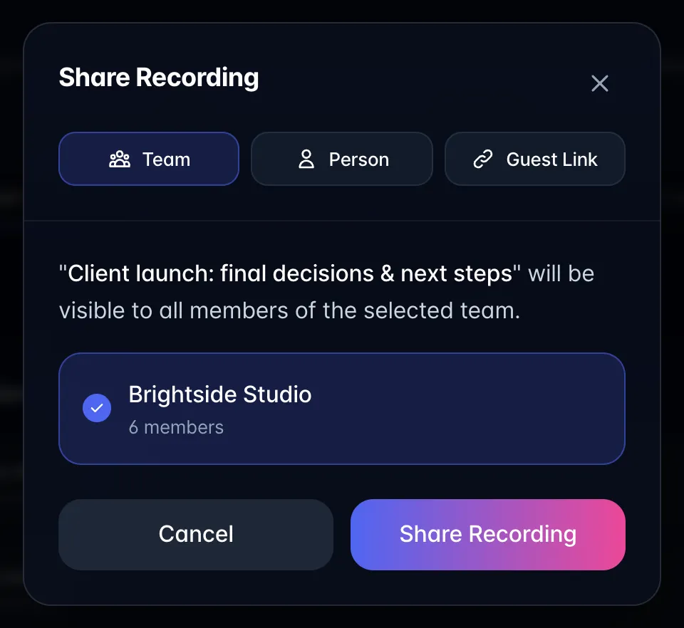 Share Recording dialog on the Team tab with the Brightside Studio team (6 members) selected and the Share Recording button enabled