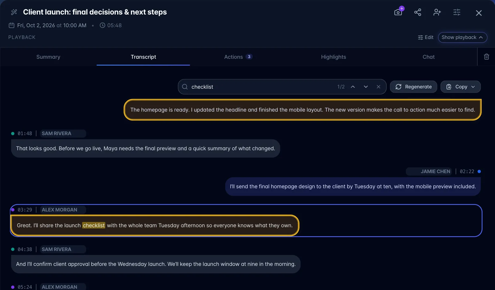 Transcript tab with search open for the word checklist (1 of 2 matches), Regenerate and Copy beside it, and transcript lines with timestamps, speaker names and starred highlights in amber