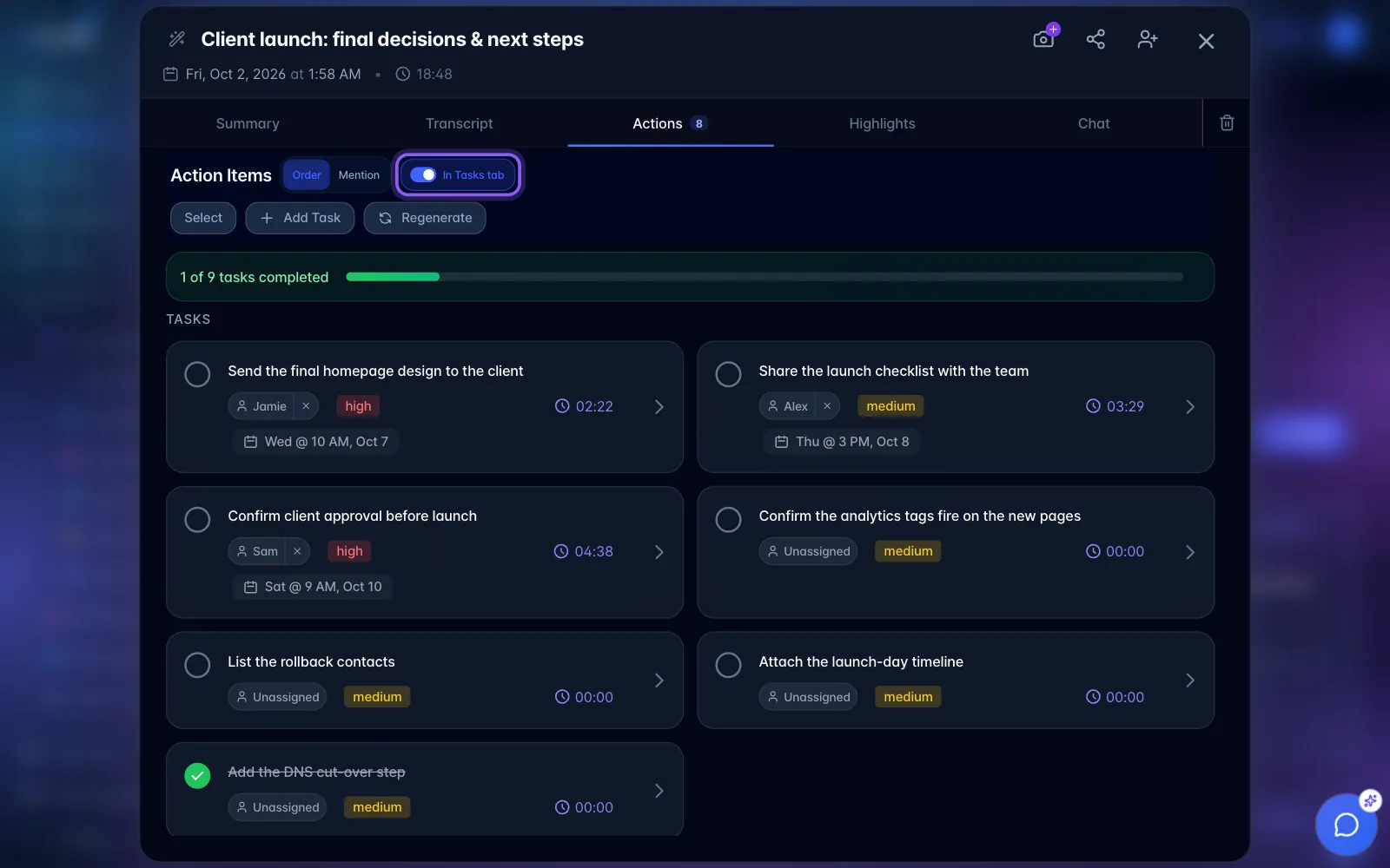 A recording Actions tab with the In Tasks tab switch highlighted, above the extracted tasks with assignees, priorities and timestamps