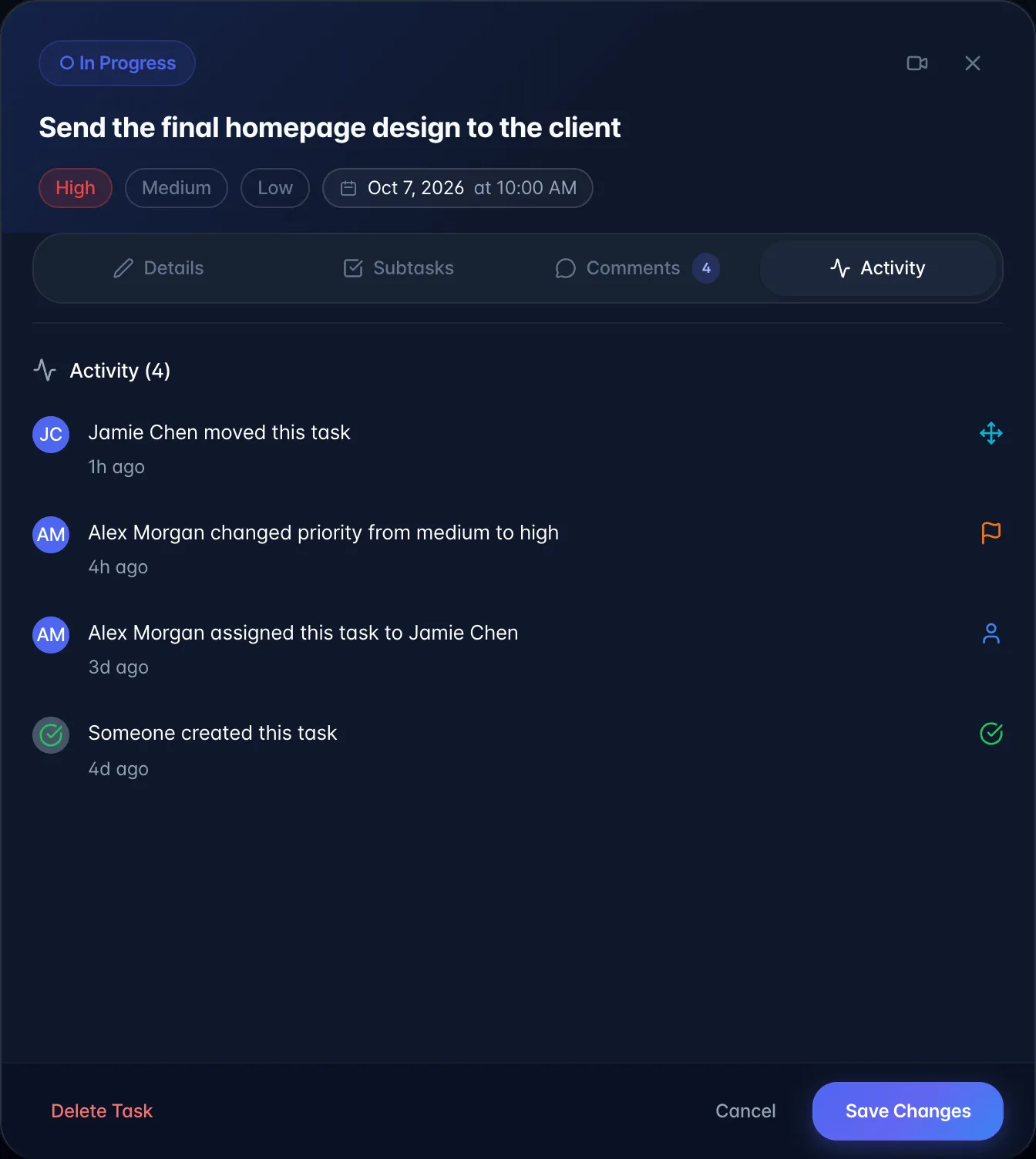 The Activity tab of a task listing who moved, reprioritised, assigned and created it, newest first