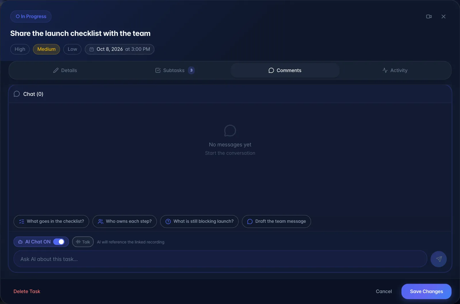 The Comments tab with AI Chat switched on, four suggested questions, a Talk button and the note that AI will reference the linked recording