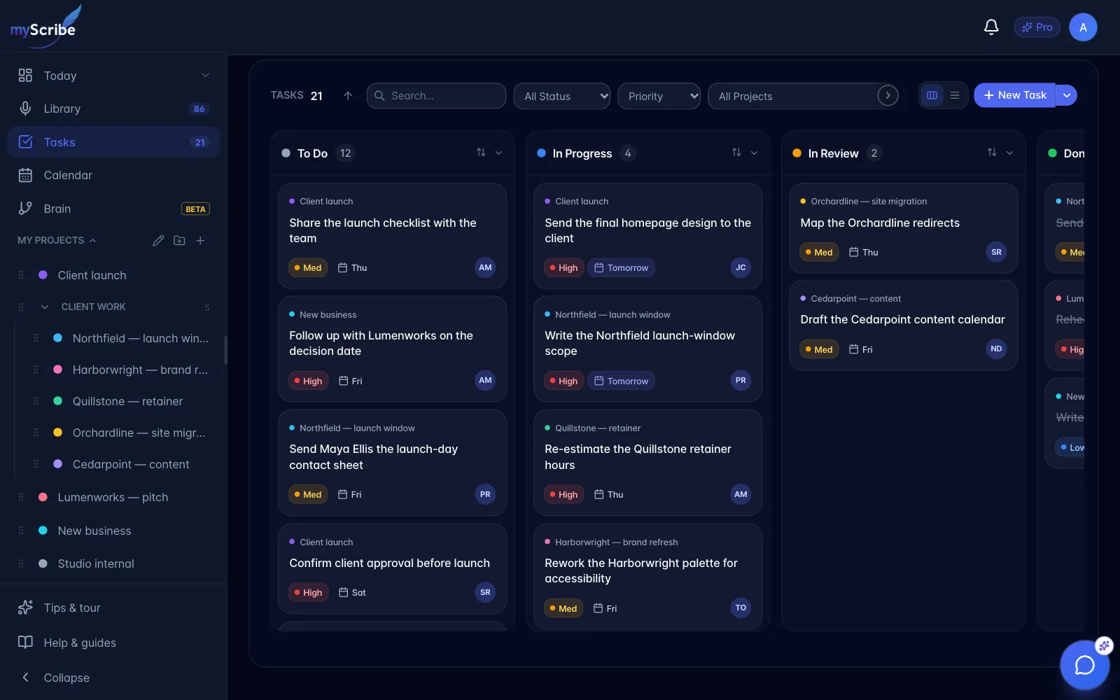 The Tasks page in Board view with To Do, In Progress, In Review and Done columns of task cards