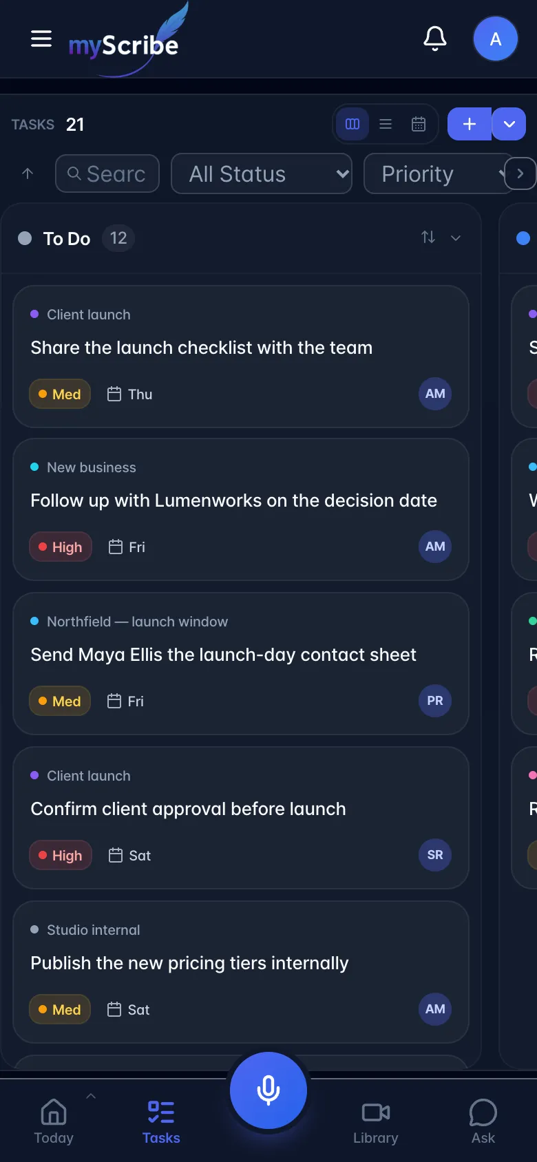 The Tasks page on a phone, showing the To Do column of the board with task cards