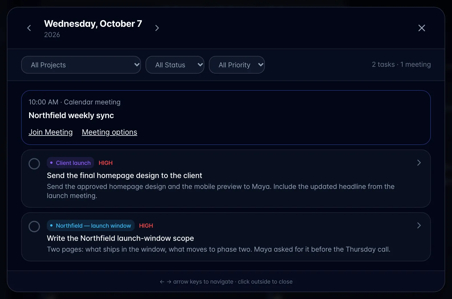 The day sheet for one date, with Project, Status and Priority filters, a meeting with Join Meeting and Meeting options, and two tasks