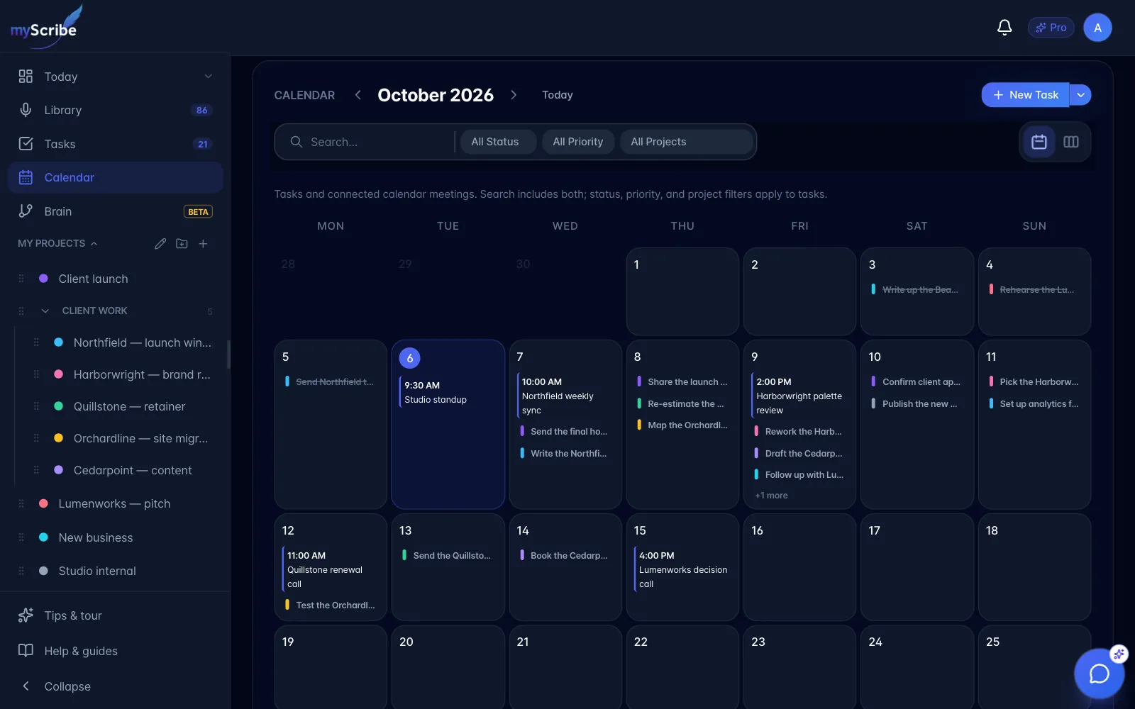The Calendar in month view with tasks and connected calendar meetings in each day cell