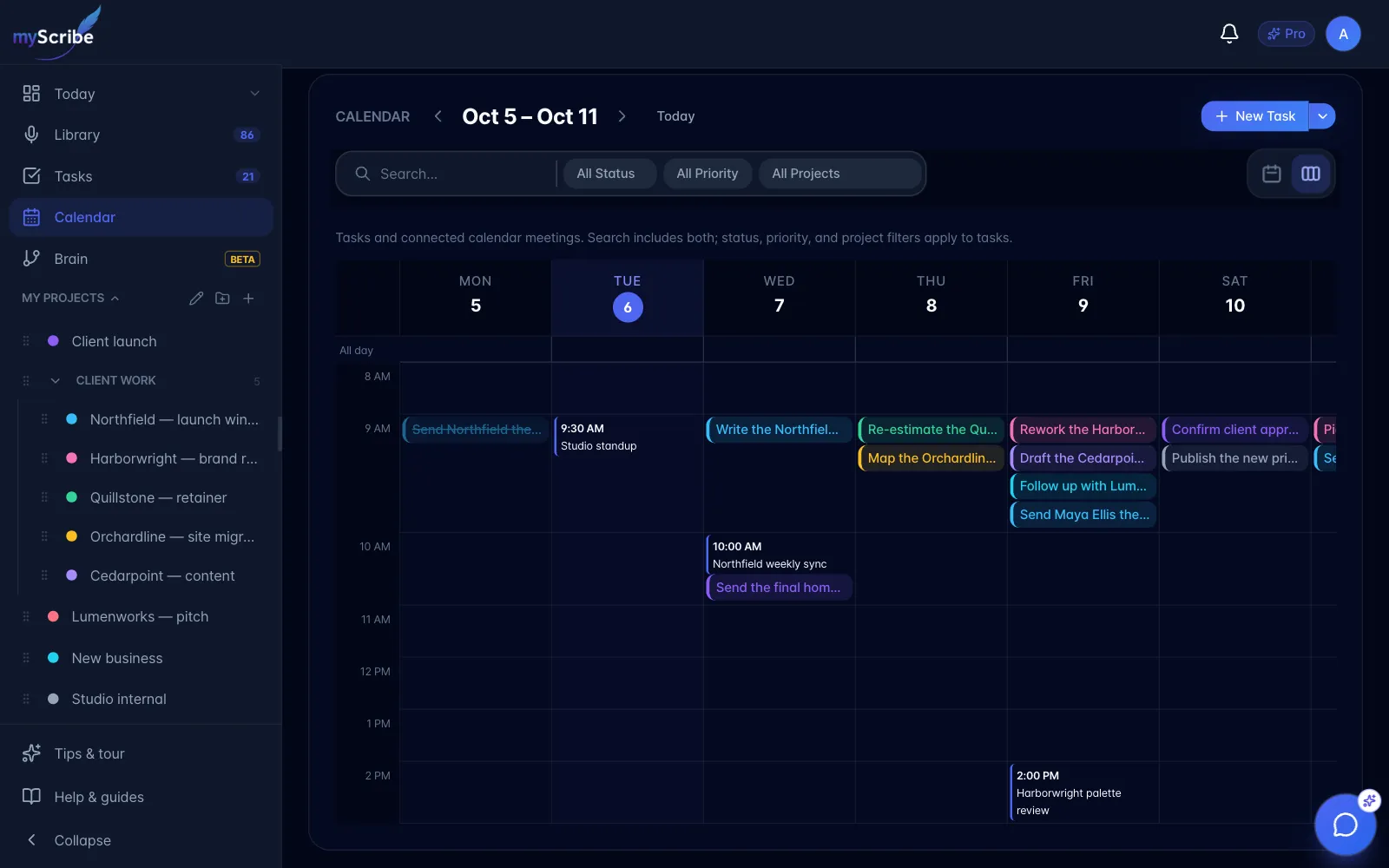 The Calendar in week view, a time grid with an All day row, meetings at their times and untimed tasks at 9 AM