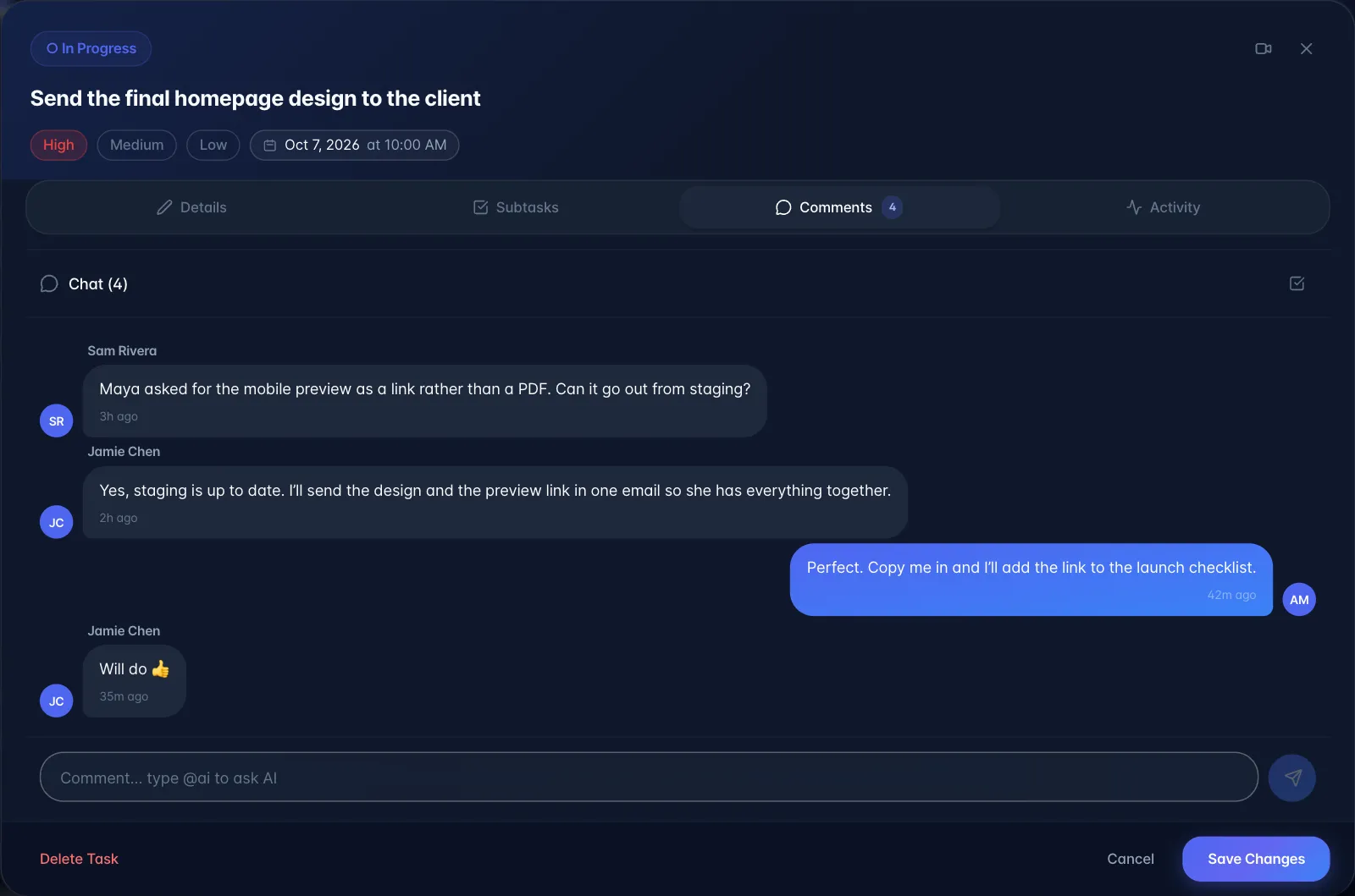 The Comments tab of a task showing a conversation between three teammates and the comment box