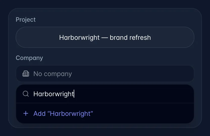 The Company field on a task searching for a name that does not exist yet, offering an Add row