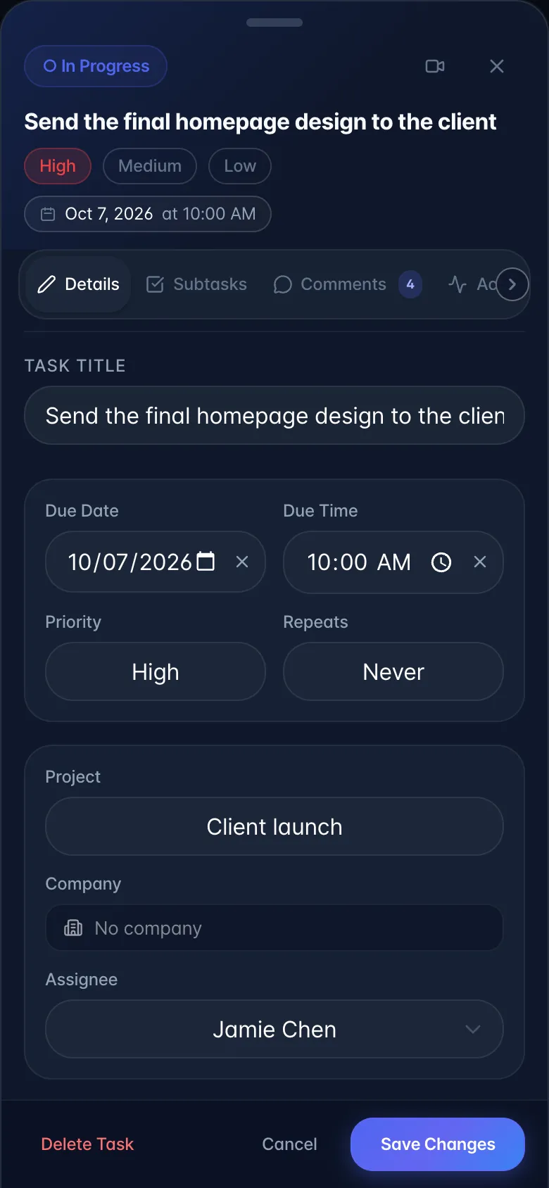 A task open on a phone as a full-height sheet, with the Details tab showing due date, priority, project and assignee