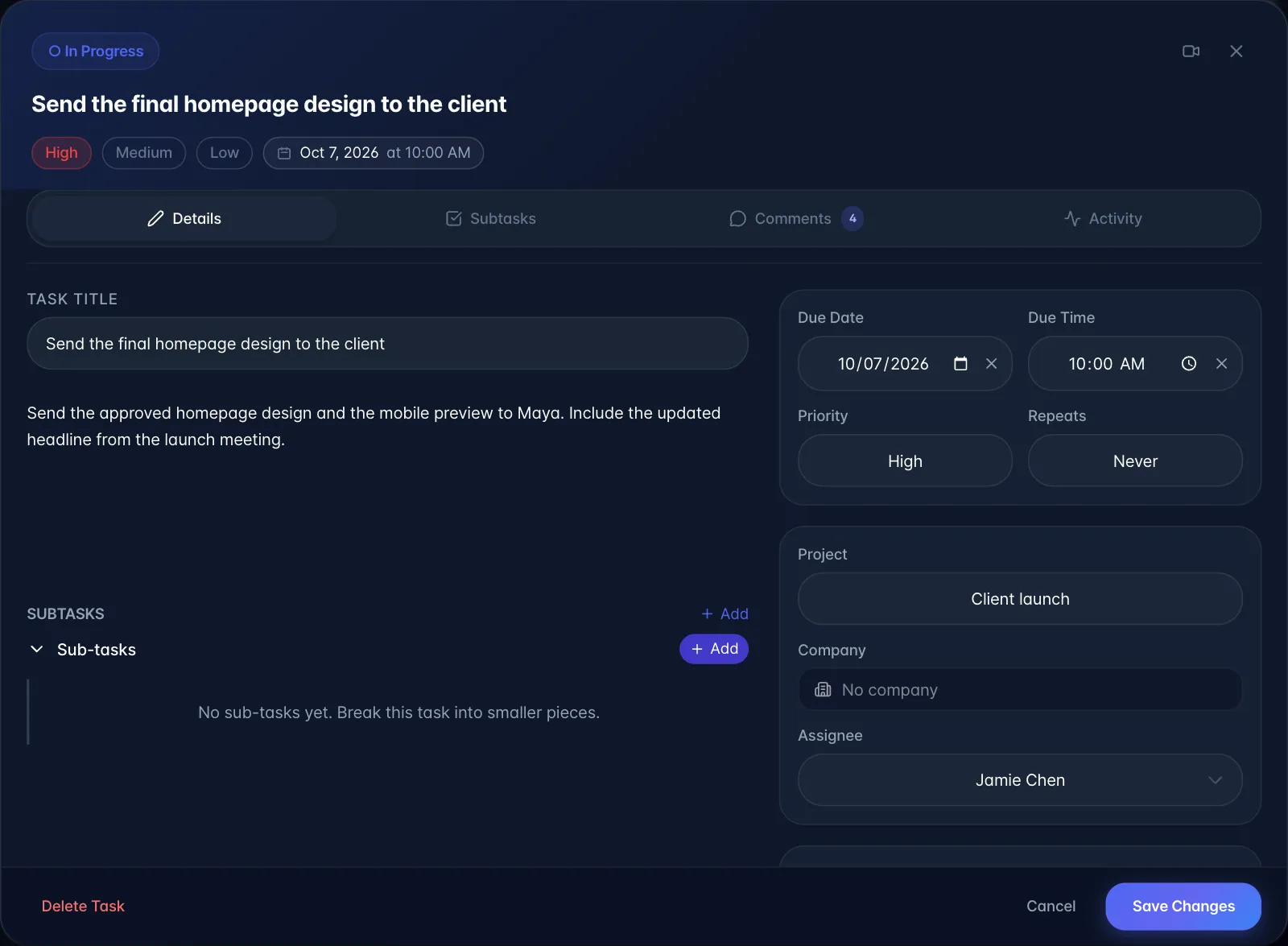 The task detail sheet on desktop: status toggle, priority chips and due date in the header, then the Details, Subtasks, Comments and Activity tabs