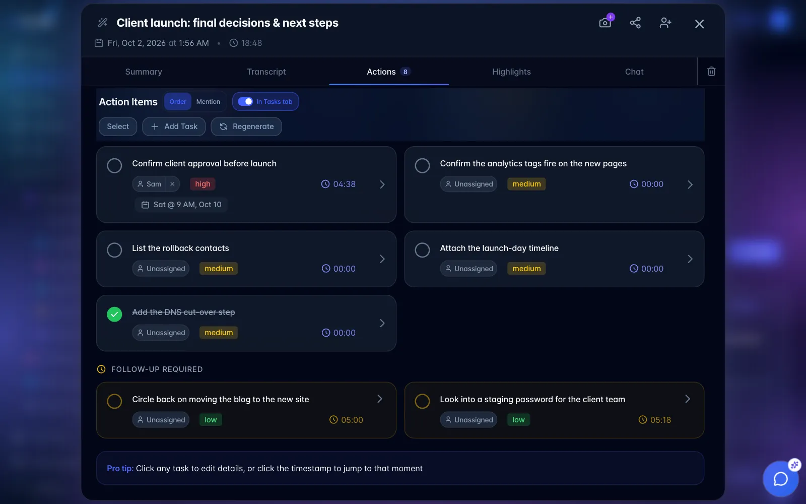 A recording Actions tab with the Tasks list and, below it, an amber Follow-up required section
