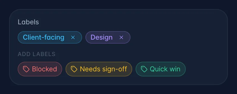 The Labels card on a task with two labels applied and three more under Add labels