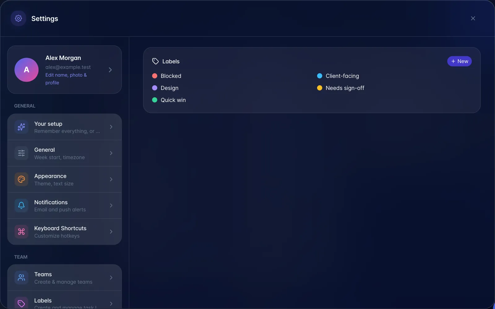 Settings open on Labels, listing five workspace labels with a New button