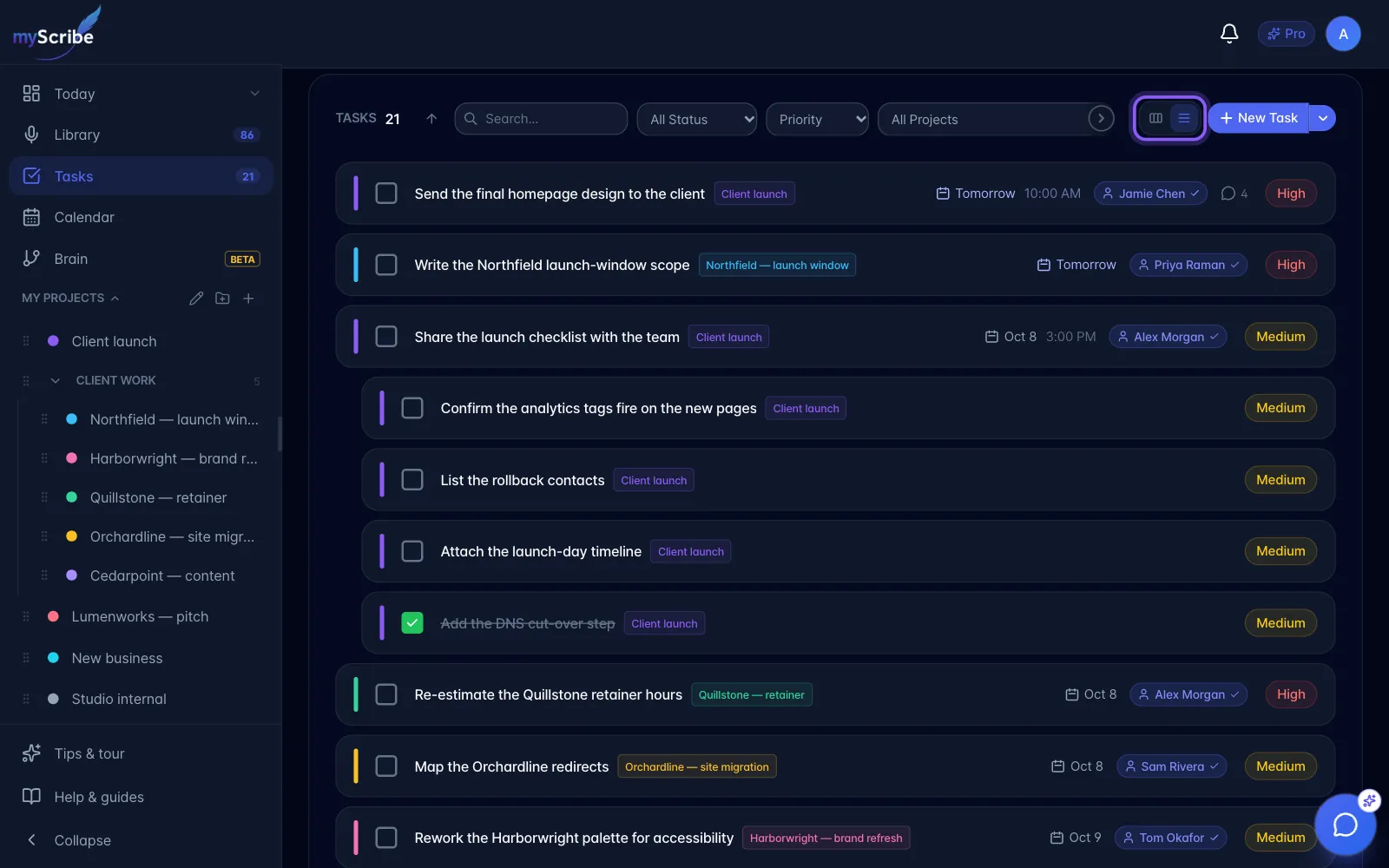 The Tasks page in List view, with sub-tasks indented under their parent and the Board and List icons highlighted