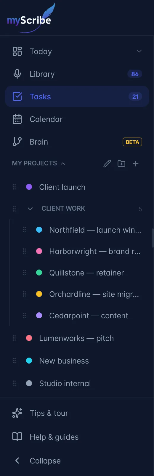 The desktop sidebar with Today, Library, Tasks, Calendar and Brain, and the project list below with a Client work folder