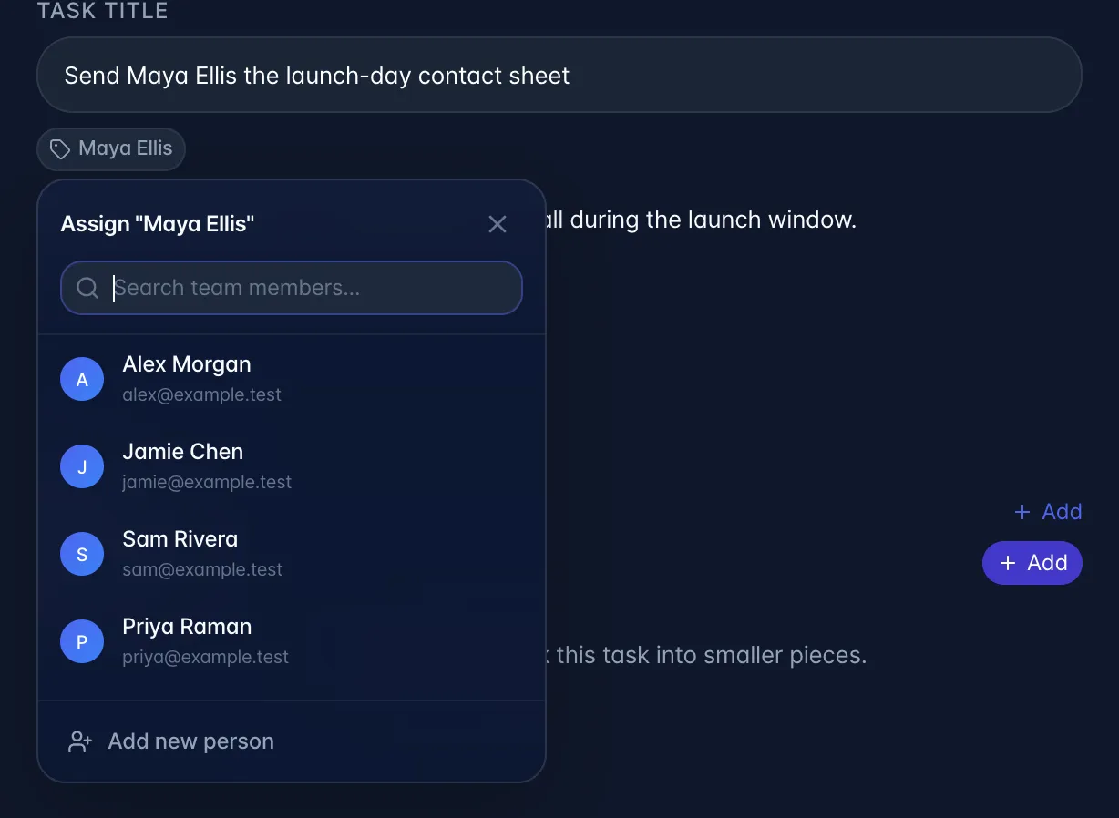 A grey name chip under a task title, opened to an Assign popup with a team search, team members and Add new person