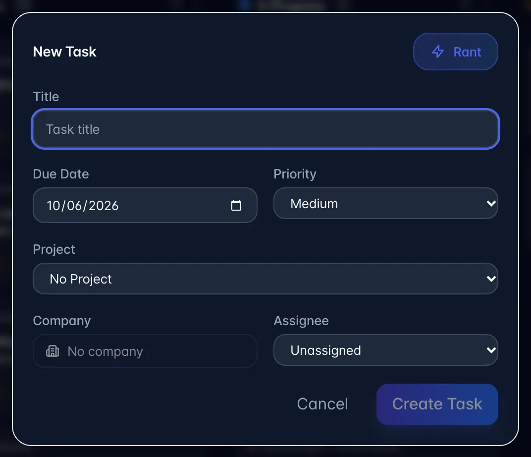 The New Task window with Title, Due Date, Priority, Project, Company and Assignee fields and a Rant button