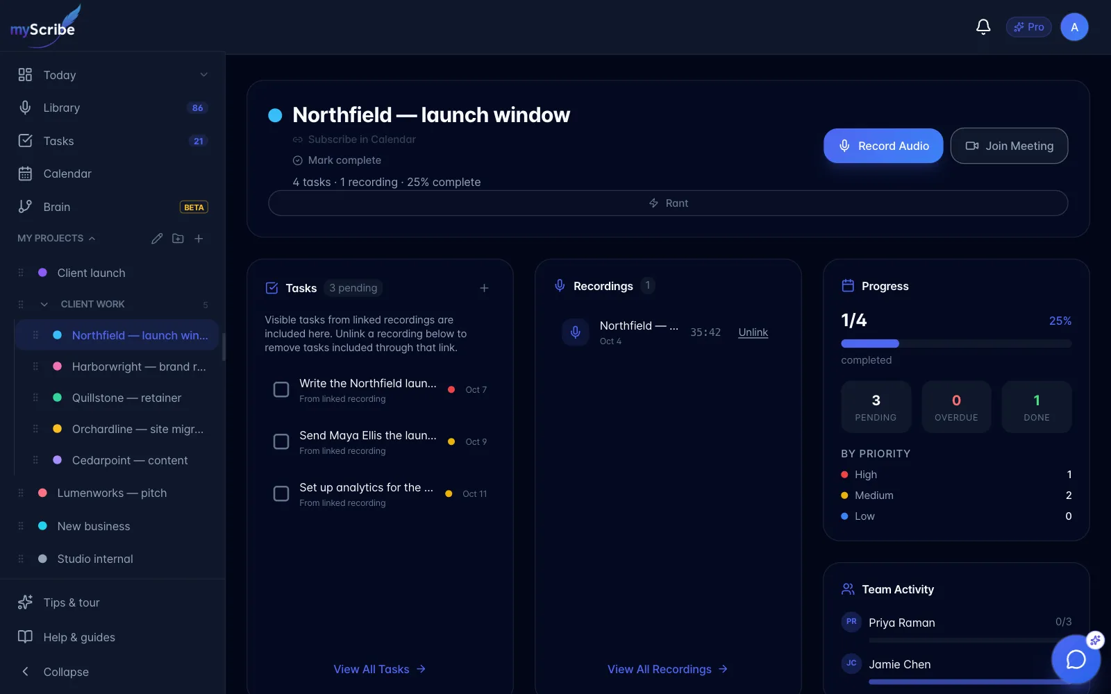 A project dashboard with Record Audio, Join Meeting and Rant buttons, the project tasks, its linked recording and a progress panel