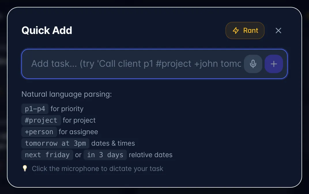The Quick Add window with a one-line task box, a microphone button and the shorthand hints