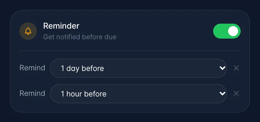 The Reminder card switched on with two reminders, 1 day before and 1 hour before