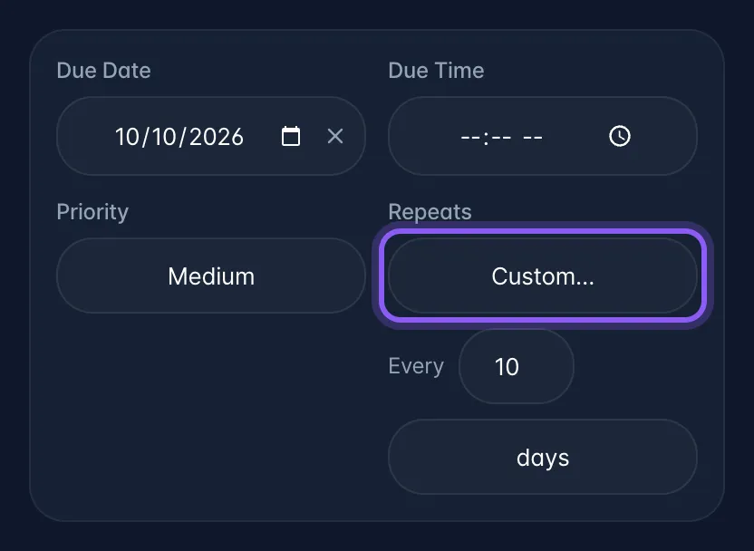 The Repeats dropdown on a task set to Custom, repeating every 10 days