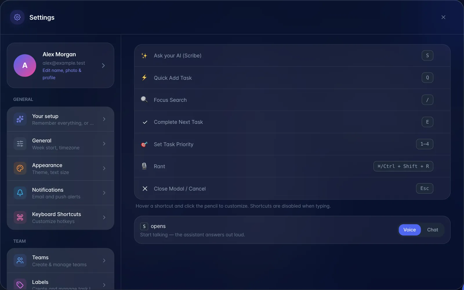 Settings open on Keyboard Shortcuts, listing S, Q, /, E, 1–4, the Rant combination and Esc
