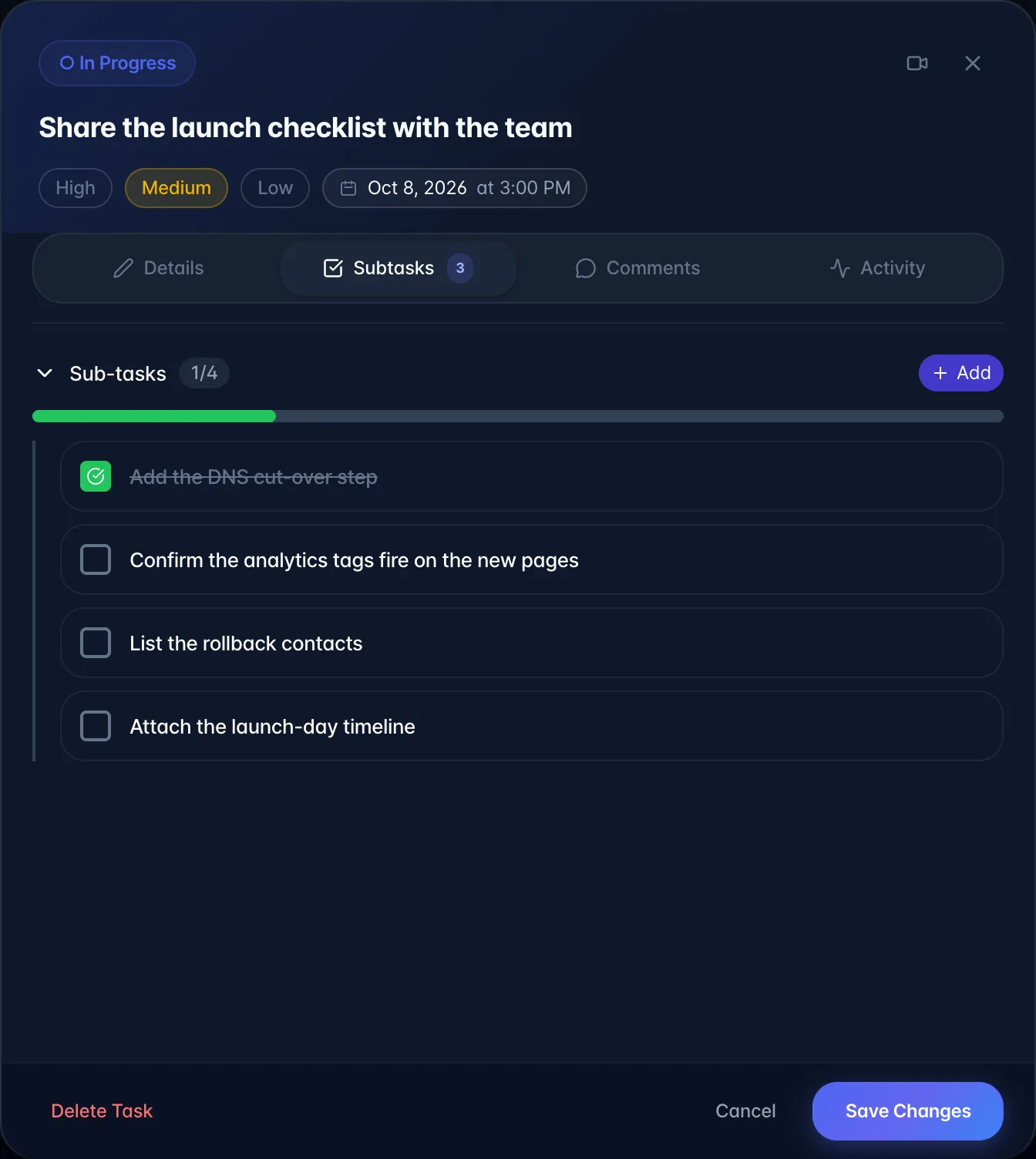 The Subtasks tab of a task showing four sub-tasks, one completed, with a 1/4 progress bar and an Add button