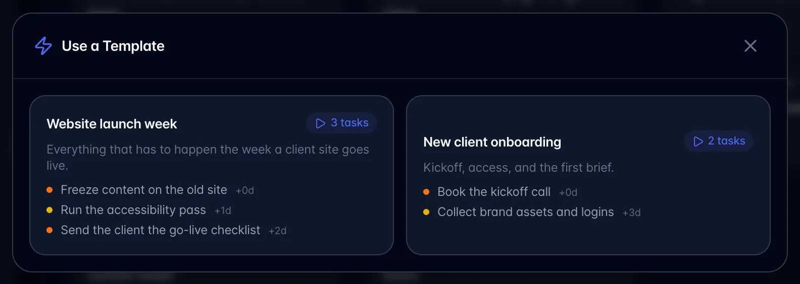 The Use a Template window listing two saved templates and the tasks each one creates